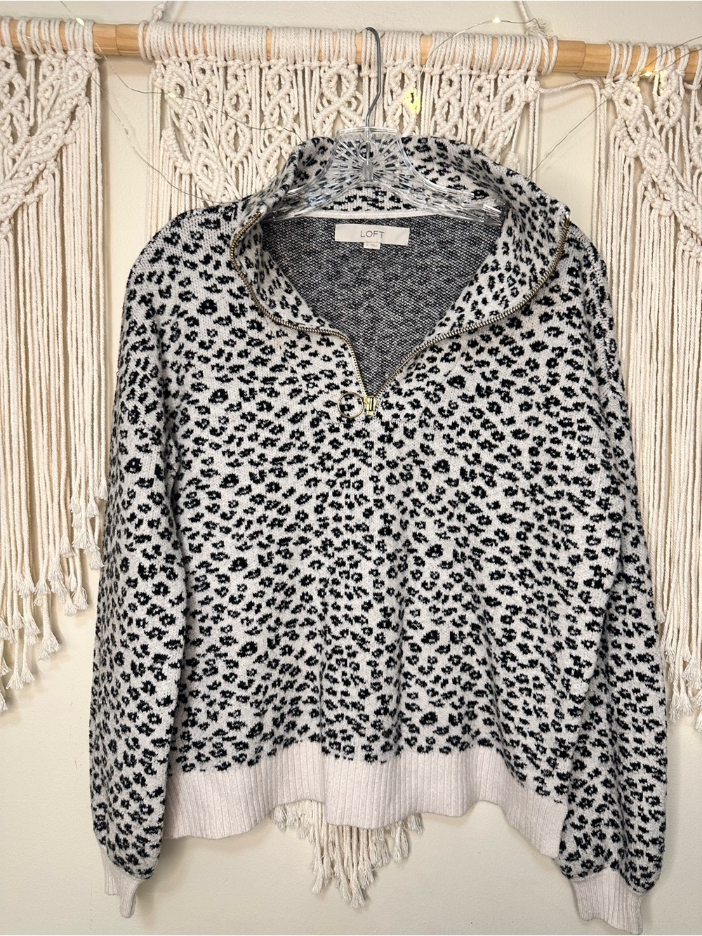 LOFT Black & White Leopard Half-Zip Pullover Sweater
